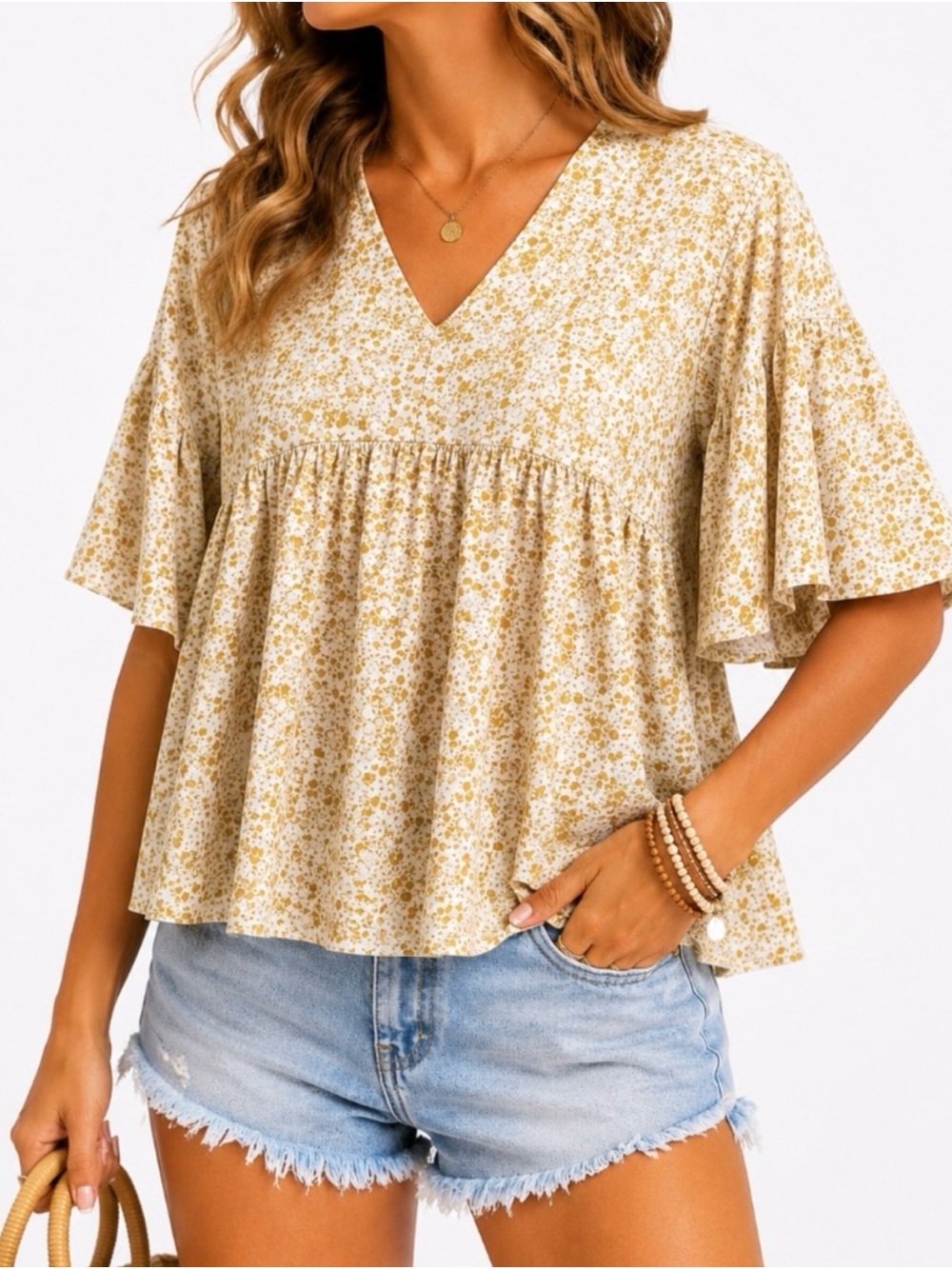 Love Riche Cream and Mustard Floral V-Neck Flutter Sleeve Tunic